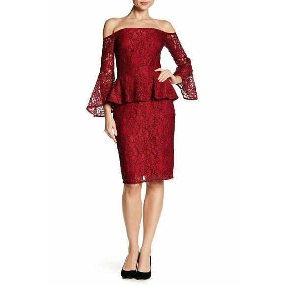 Laundry by Shelli Segal Women Red Peplum Lace Off-the-shoulder Cocktail Dress 6 - Picture 1 of 10